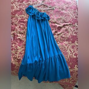 Amiani Asymmetrical Off One Shoulder Tiered Ruffle Cobalt Blue Long Maxi Dress